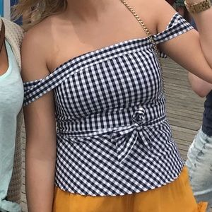 Gingham Print Shoulder Peplum Top